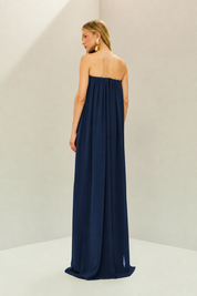 Vestido Longo em Chiffon com Decote Reto Franzido Sem Alças e Saia Fluida - Líbia Azul Marinho