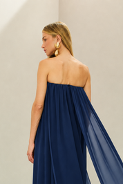 Vestido Longo em Chiffon com Decote Reto Franzido Sem Alças e Saia Fluida - Líbia Azul Marinho
