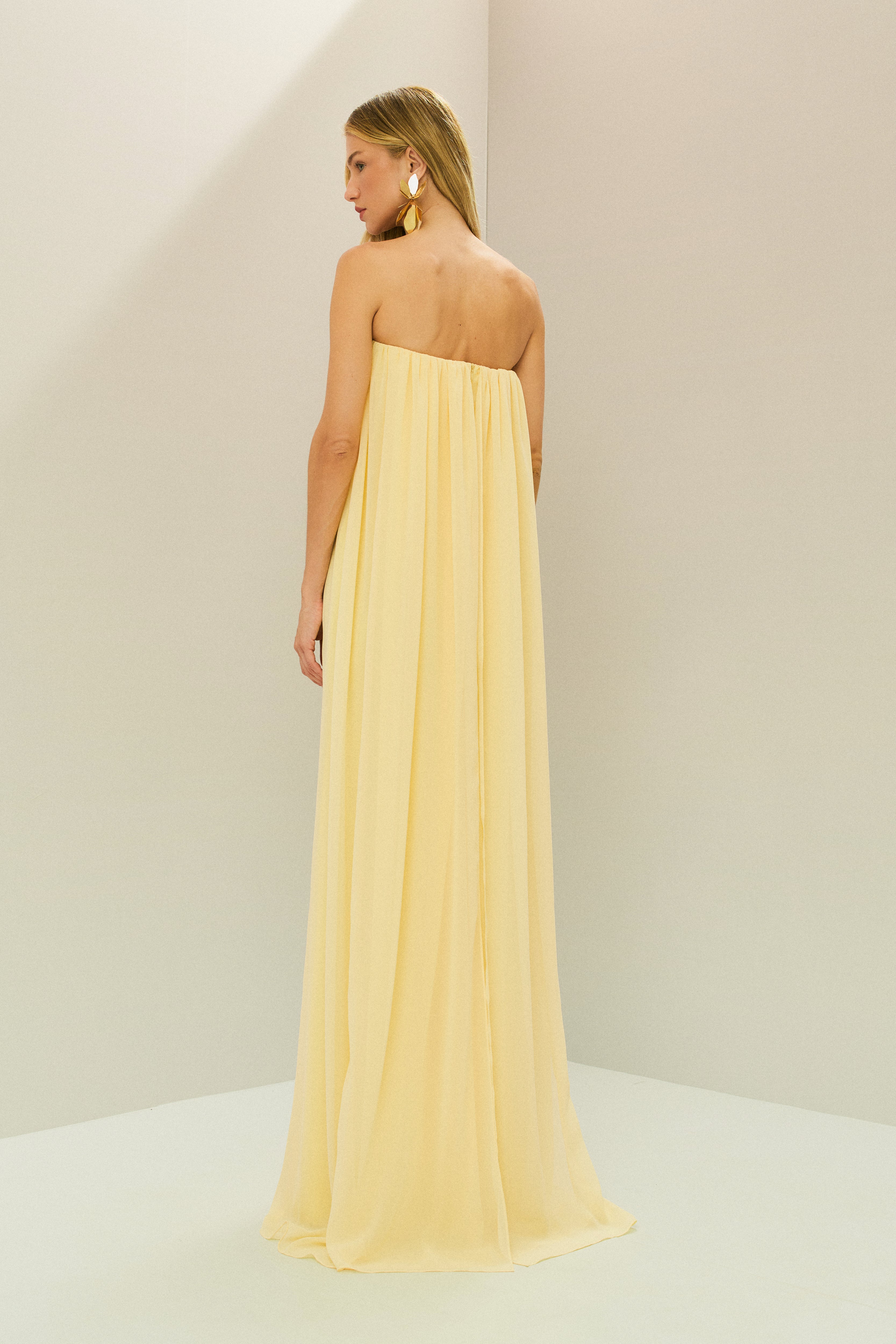 Vestido Longo em Chiffon sem Alça - Líbia Amarelo Manteiga