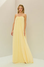 Vestido Longo em Chiffon sem Alça - Líbia Amarelo Manteiga