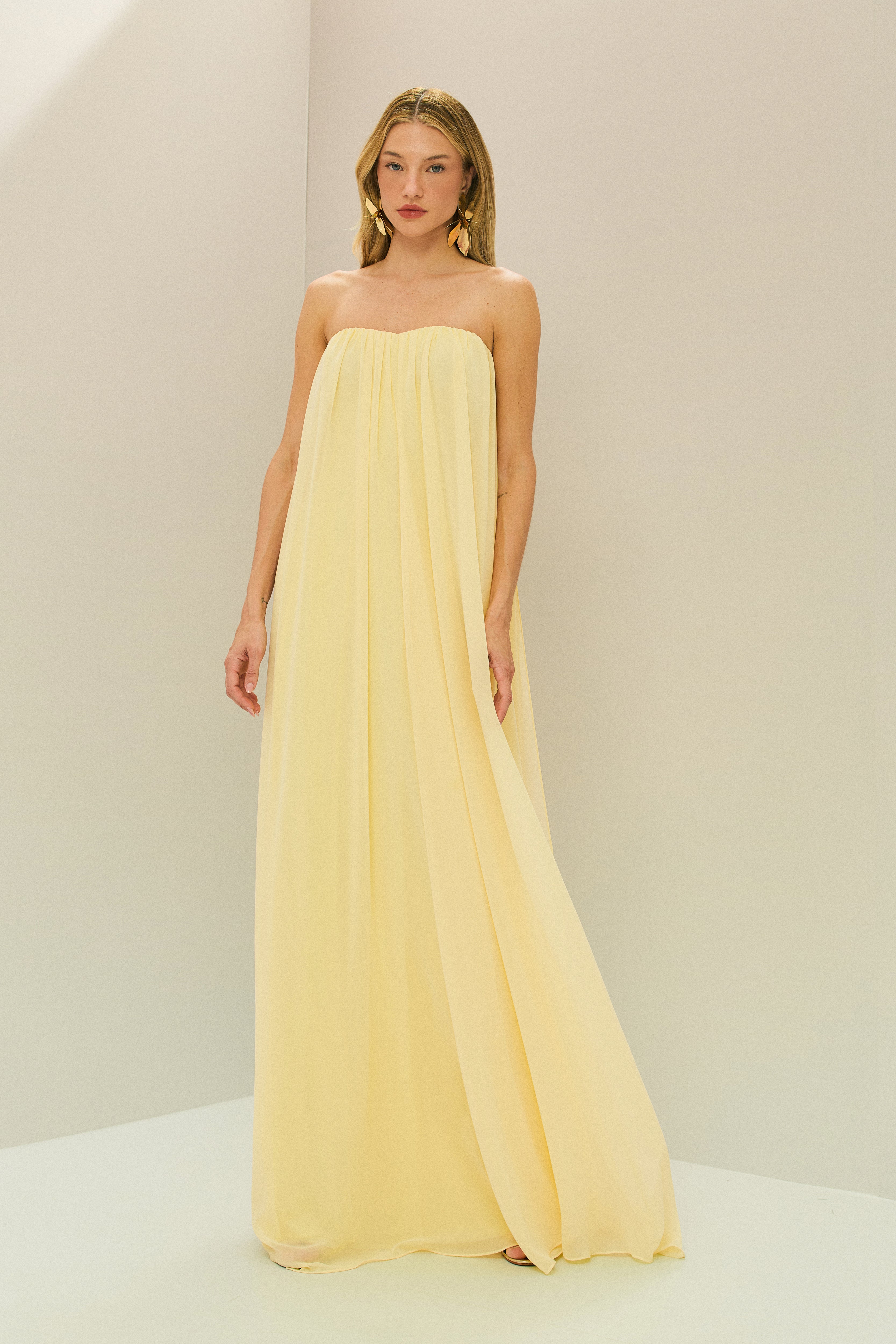 Vestido Longo em Chiffon sem Alça - Líbia Amarelo Manteiga
