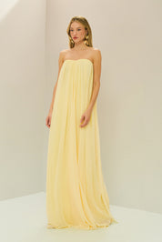 Vestido Longo em Chiffon sem Alça - Líbia Amarelo Manteiga