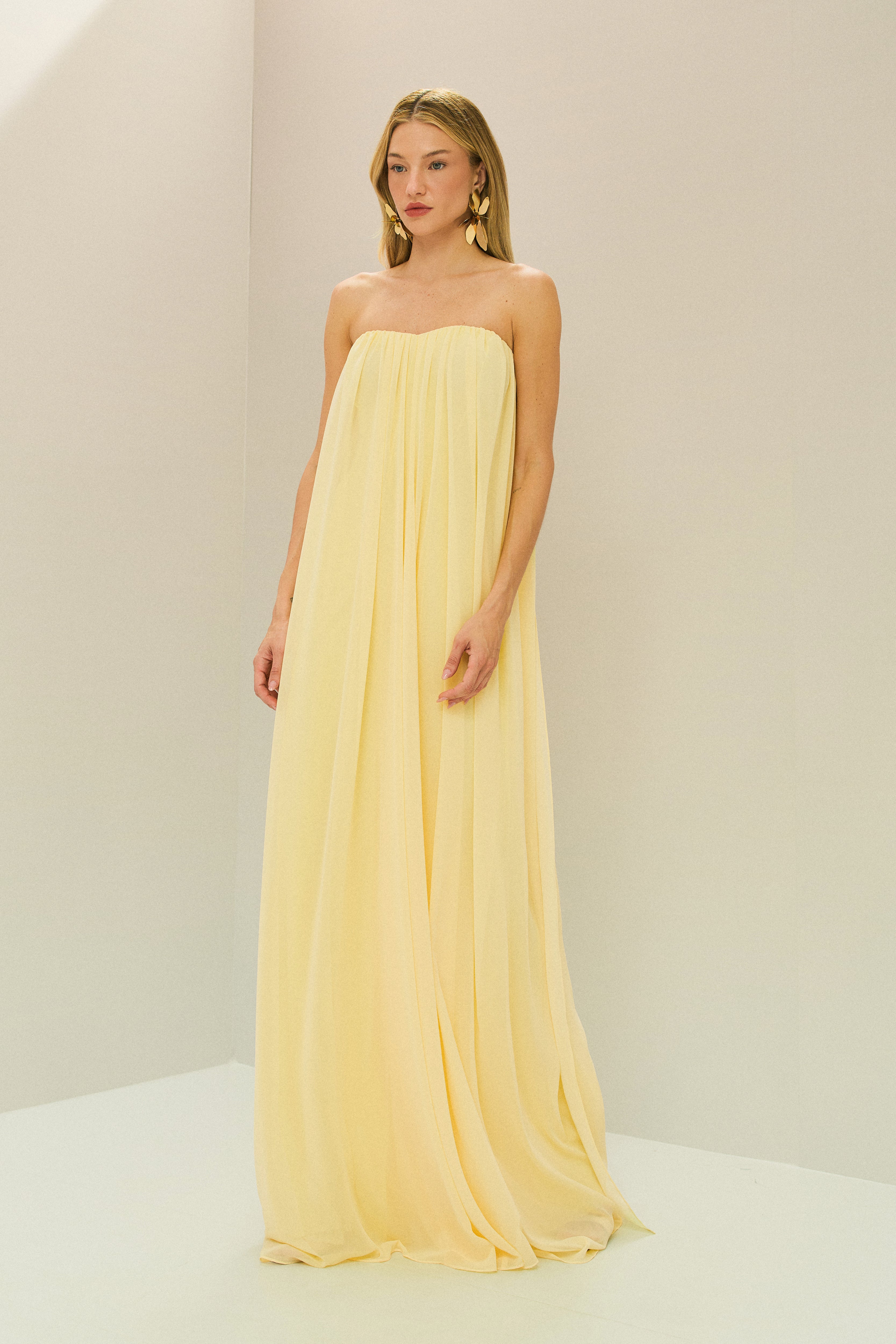 Vestido Longo em Chiffon sem Alça - Líbia Amarelo Manteiga