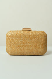 Bolsa de Festa Retangular em Palha com Cantos Retos e Fecho de Metal