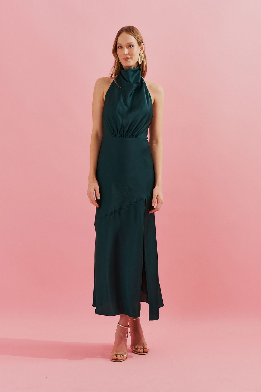 Vestido Midi com Gola Degage e Fenda Frontal - Estela Bandeira