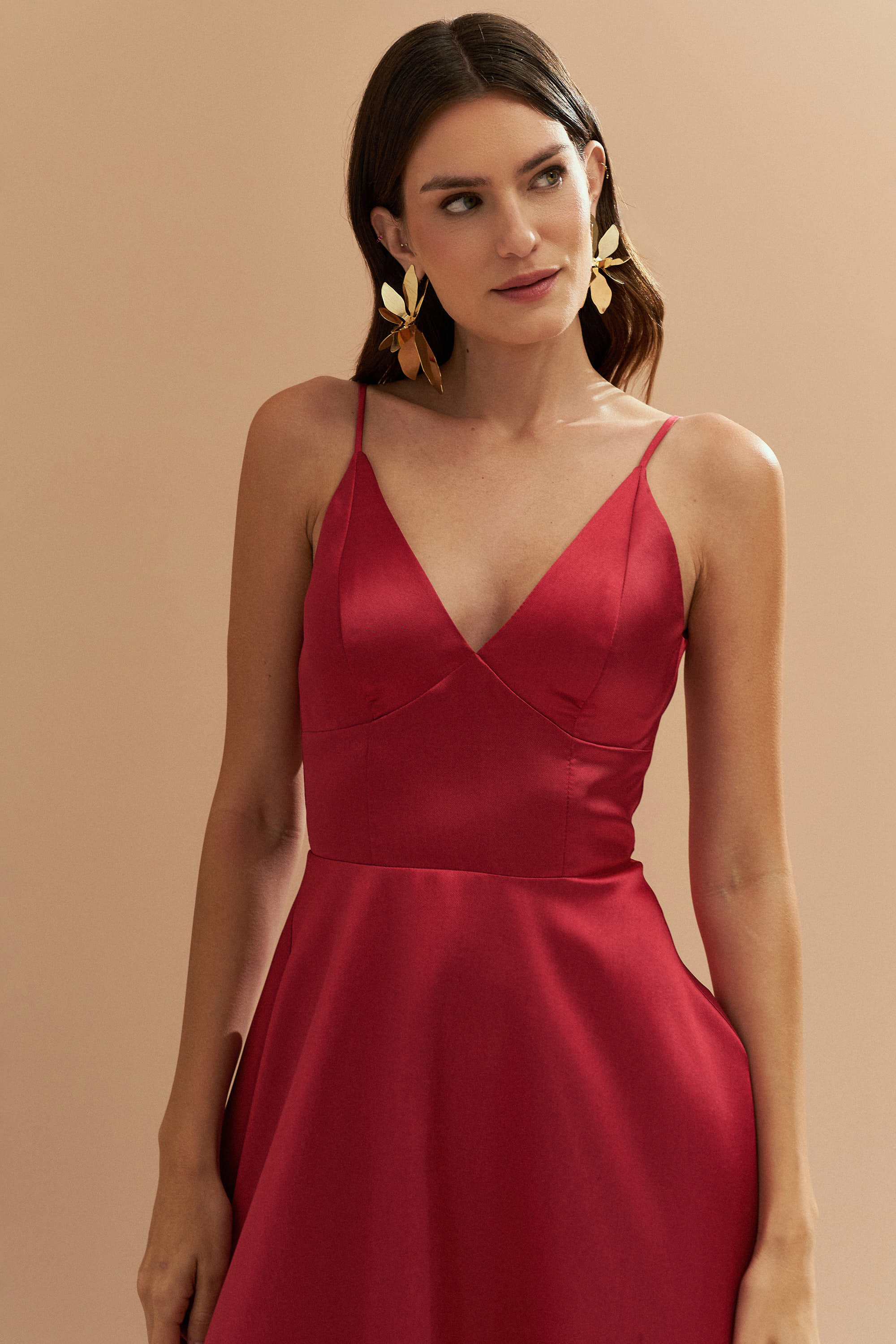 Vestido Longo com Decote V e Alça Fina - Atlanta Vermelho