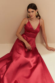 Vestido Longo com Decote V e Alça Fina - Atlanta Vermelho