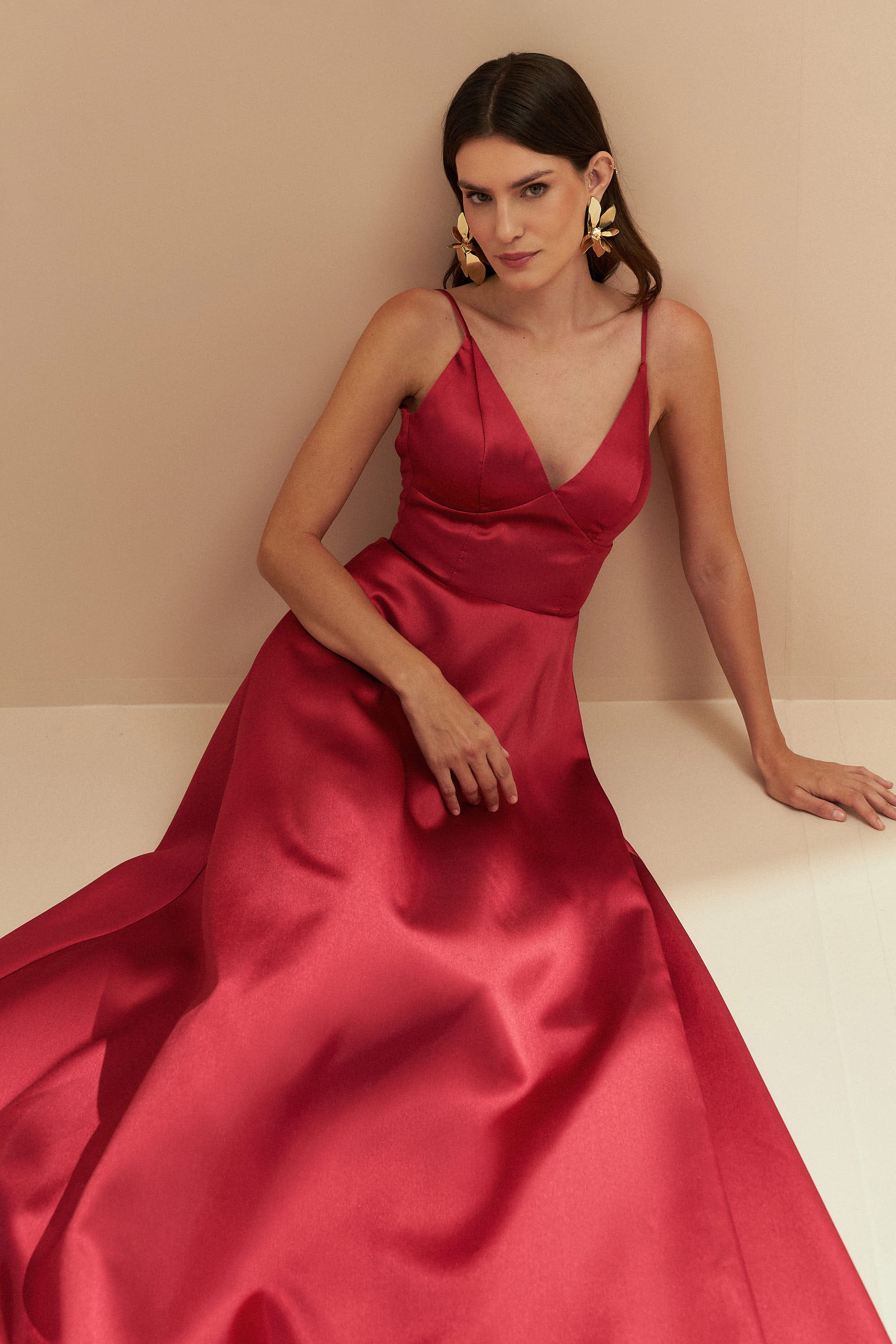 Vestido Longo com Decote V e Alça Fina - Atlanta Vermelho