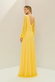 Vestido Longo em Tule com Decote V, Nó e Drapeado Frontal, Mangas Longas - Macau Amarelo Manga