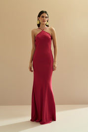 Vestido Long Midi de Cetim com Decote Triangular e Amarração nas Costas - Capri Vermelho
