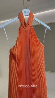Vestido Longo em Chiffon Plissado Frente Único e Decote nas Costas - Itália Coral