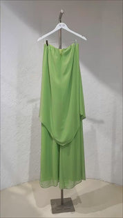 Vestido Longo Sem Alça com Detalhe no Decote e Camadas Assimétricas - Trancoso Verde Matchá