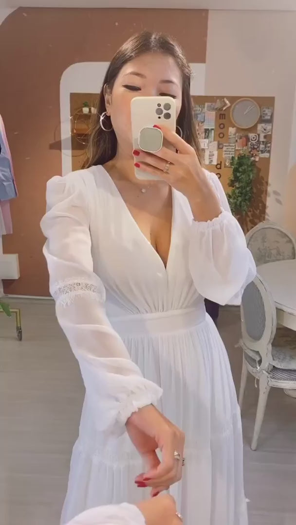 Vestido Midi com Decote V e Manga Longa - Manu Off White