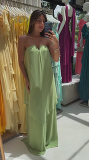 Vestido Longo Sem Alça com Detalhe no Decote e Camadas Assimétricas - Trancoso Verde Matchá