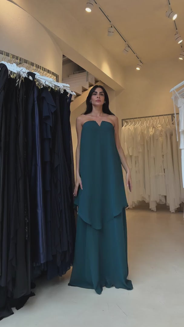 Vestido Longo Sem Alça com Detalhe no Decote e Camadas Assimétricas - Trancoso Petróleo