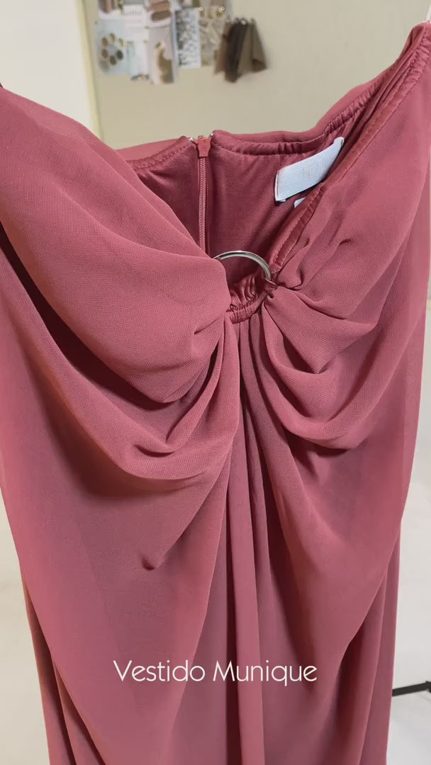 Vestido Longo sem Alça com Argola e Franzidos no Decote - Munique Terracota