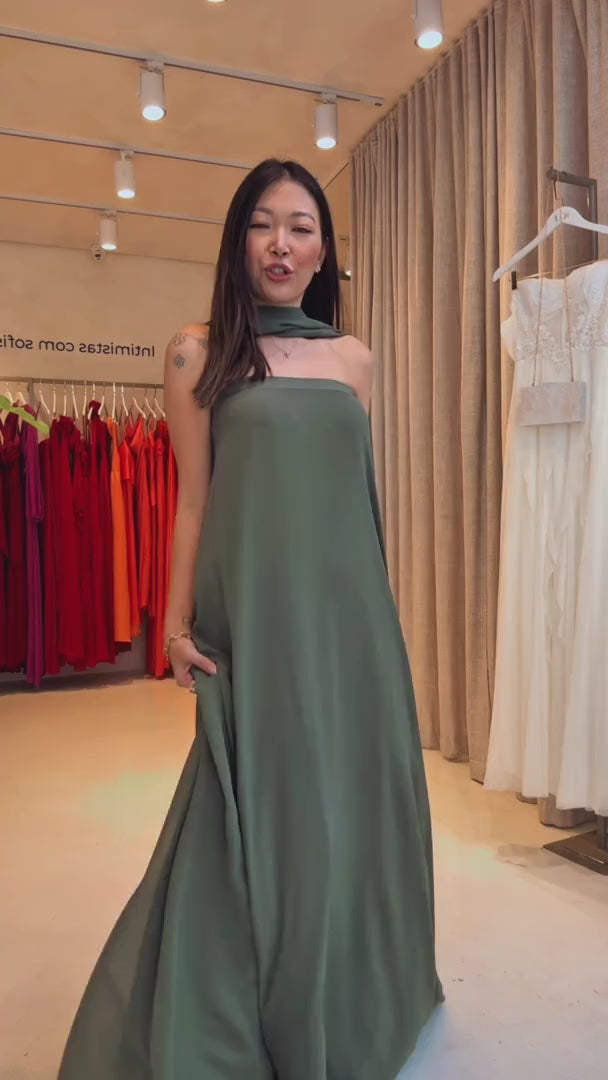 Vestido Longo Sem Alça com Echarpe - Mumbai Oliva