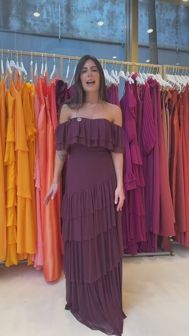 Vestido Longo Ombro a Ombro e Babados na Saia - Bulgária Marsala