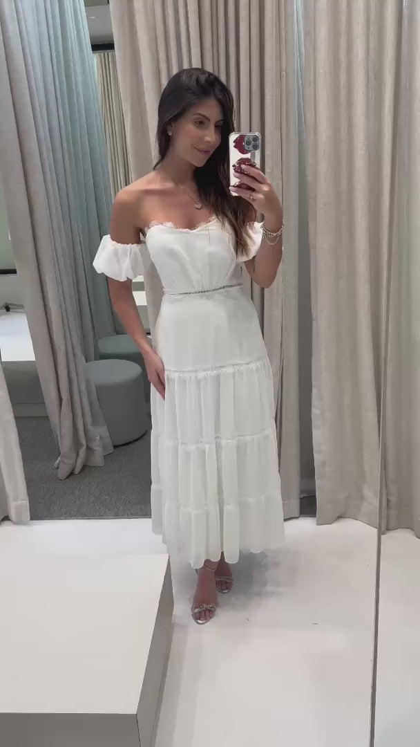 Vestido Midi com Decote Coração e Manga Bufante - Dinamarca Off White