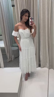 Vestido Midi com Decote Coração e Manga Bufante - Dinamarca Off White