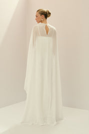 Vestido Longo em Chiffon com Busto Estruturado, Babados Verticais na Saia e Capa Longa com Nó - Riviera Off White