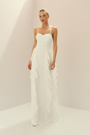 Vestido Longo em Chiffon com Busto Estruturado, Babados Verticais na Saia e Capa Longa com Nó - Riviera Off White