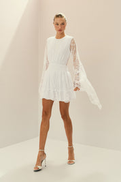 Vestido Curto em Renda, com Elástico na Cintura e Mangas Amplas - Aira Off White