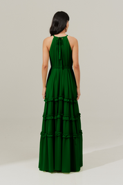 Vestido Longo Alça Fina Ajustável e Saia com Babados - Doha Verde Bandeira