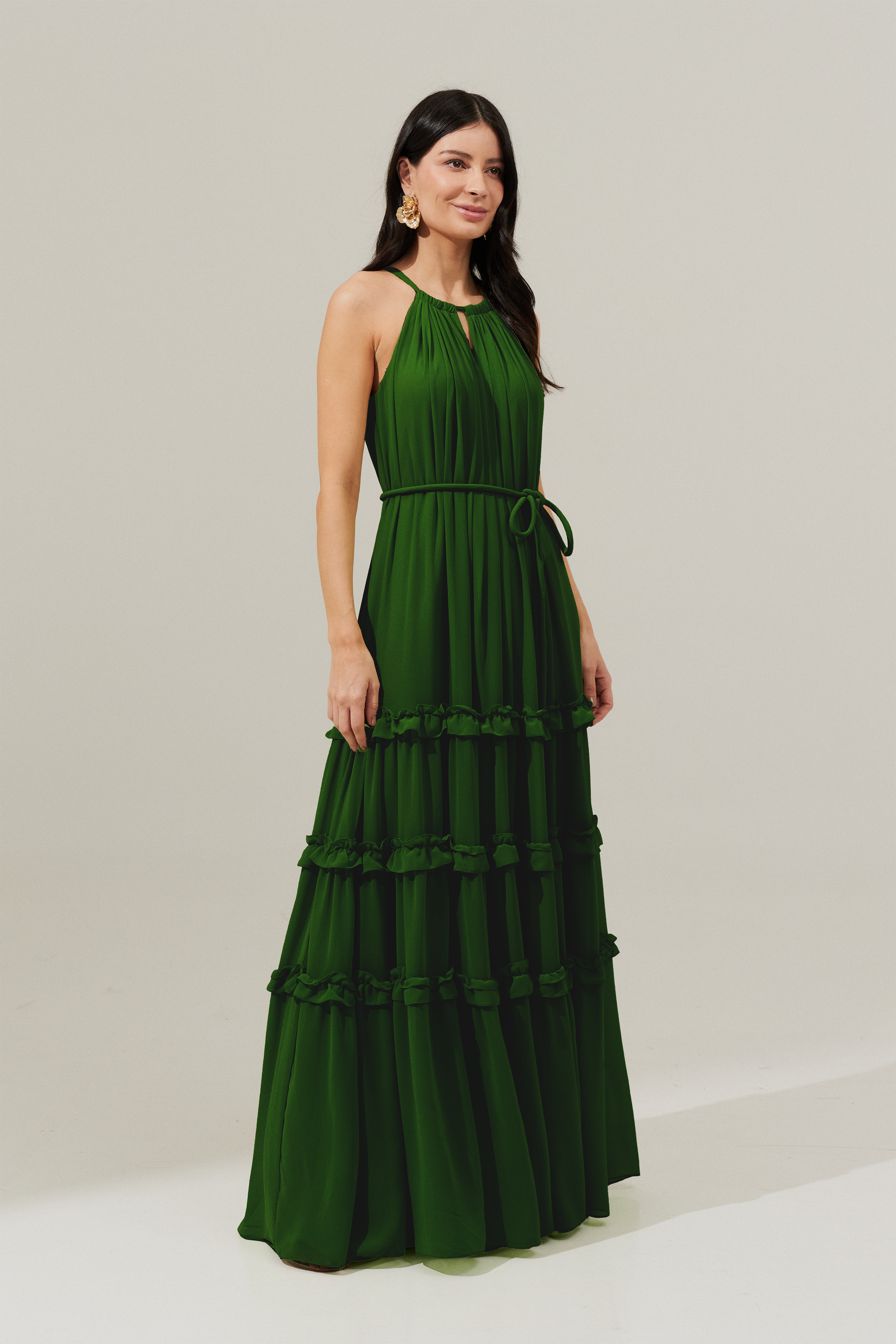 Vestido Longo Alça Fina Ajustável e Saia com Babados - Doha Verde Bandeira