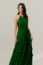 Vestido Longo Alça Fina Ajustável e Saia com Babados - Doha Verde Bandeira