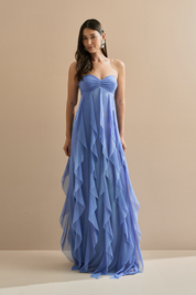 Vestido Longo com Decote Coração Franzido e Babados em Vertical na Saia - Ava Azul Claro