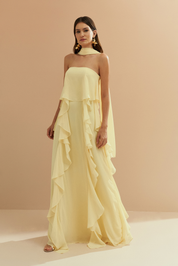 Vestido Longo com Decote Reto, Babados na Saia e Echarpe - Catalunha Amarelo Manteiga