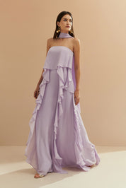 Vestido Longo com Decote Reto, Babados na Saia e Echarpe - Catalunha Lilás | Lavanda