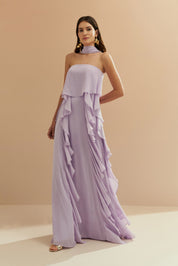 Vestido Longo com Decote Reto, Babados na Saia e Echarpe - Catalunha Lilás | Lavanda