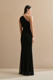Vestido Longo em Tule Ombro Único com Drapeado no Busto e nas Costas - Hera Preto
