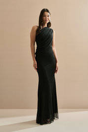 Vestido Longo em Tule Ombro Único com Drapeado no Busto e nas Costas - Hera Preto