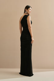 Vestido Longo com Ombro Único e Franzidos - Lugano Preto