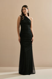 Vestido Longo com Ombro Único e Franzidos - Lugano Preto