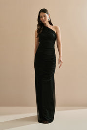 Vestido Longo com Ombro Único e Franzidos - Lugano Preto
