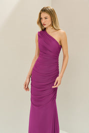 Vestido Longo em Tule com Ombro Único e Franzidos - Lugano Fúcsia