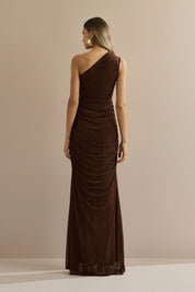 Vestido Longo com Ombro Único e Franzidos - Lugano Marrom Escuro