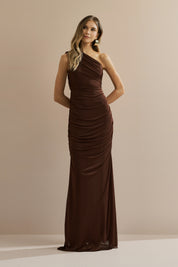 Vestido Longo com Ombro Único e Franzidos - Lugano Marrom Escuro