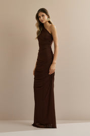 Vestido Longo com Ombro Único e Franzidos - Lugano Marrom Escuro