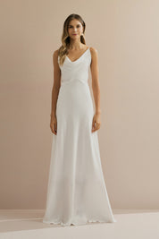 Vestido Longo em Cetim com Decote Degagê com Alças Finas e Amarração nas Costas - Líbano Off White