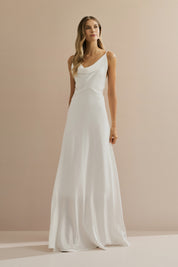 Vestido Longo em Cetim com Decote Degagê com Alças Finas e Amarração nas Costas - Líbano Off White