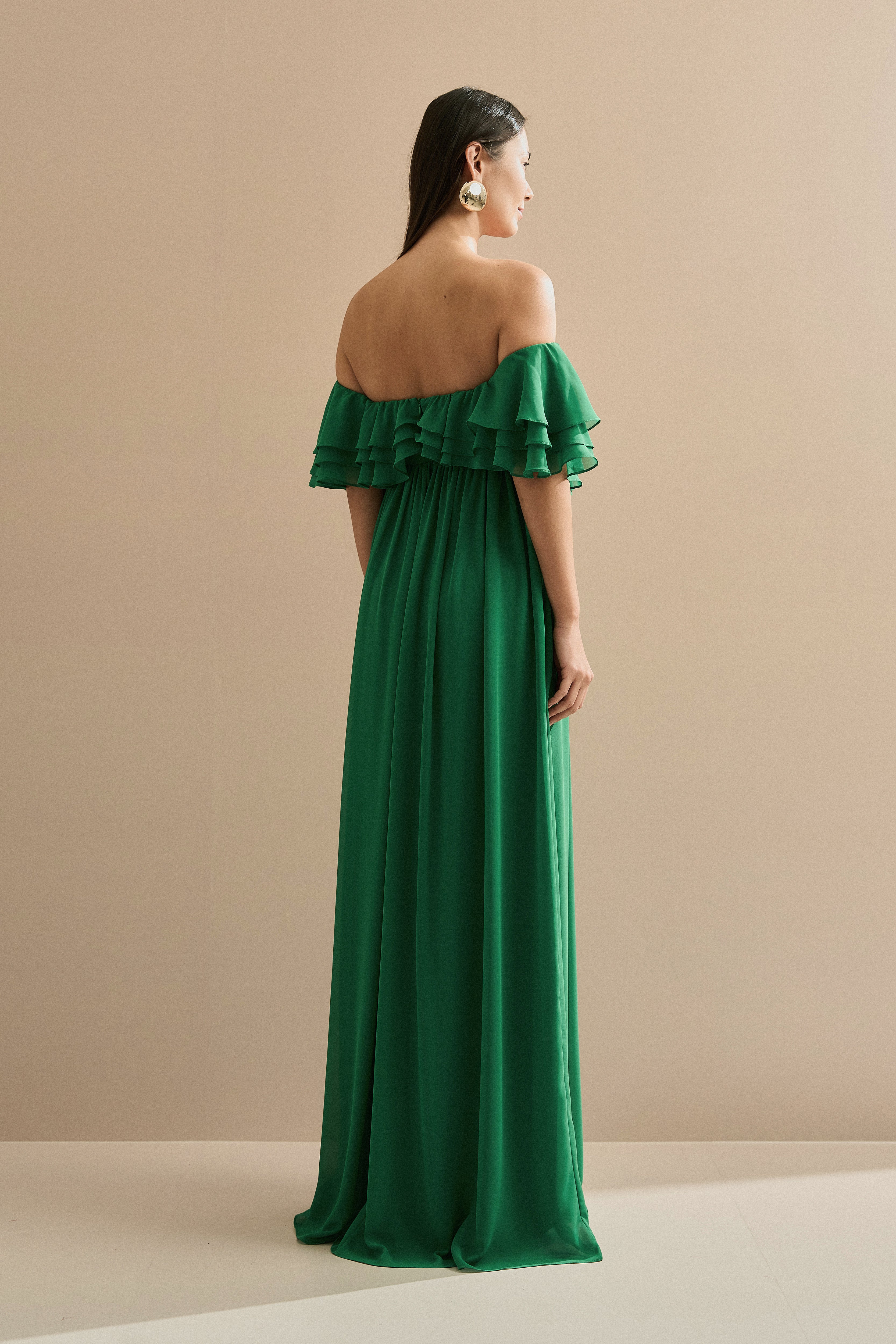 Vestido Longo em Chiffon com Mangas Ombro a Ombro e Babados - Himalaia Verde Bandeira