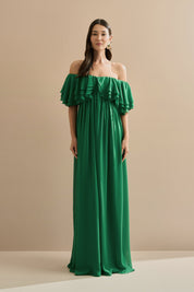 Vestido Longo em Chiffon com Mangas Ombro a Ombro e Babados - Himalaia Verde Bandeira