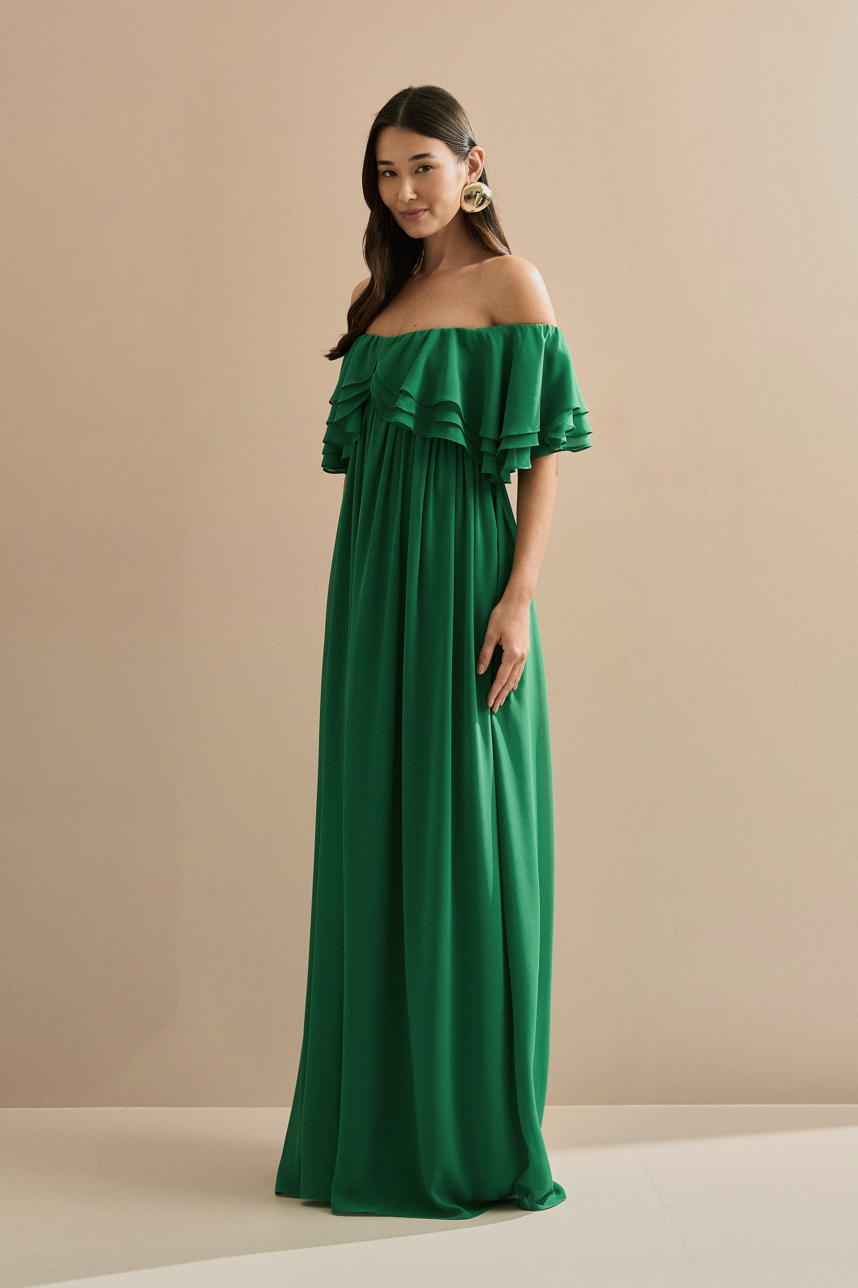 Vestido Longo em Chiffon com Mangas Ombro a Ombro e Babados - Himalaia Verde Bandeira