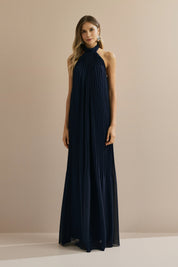 Vestido Longo em Chiffon Plissado Frente Único e Decote nas Costas - Itália Azul Marinho