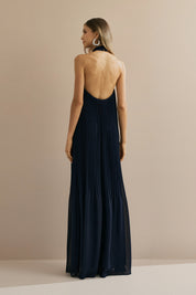 Vestido Longo em Chiffon Plissado Frente Único e Decote nas Costas - Itália Azul Marinho